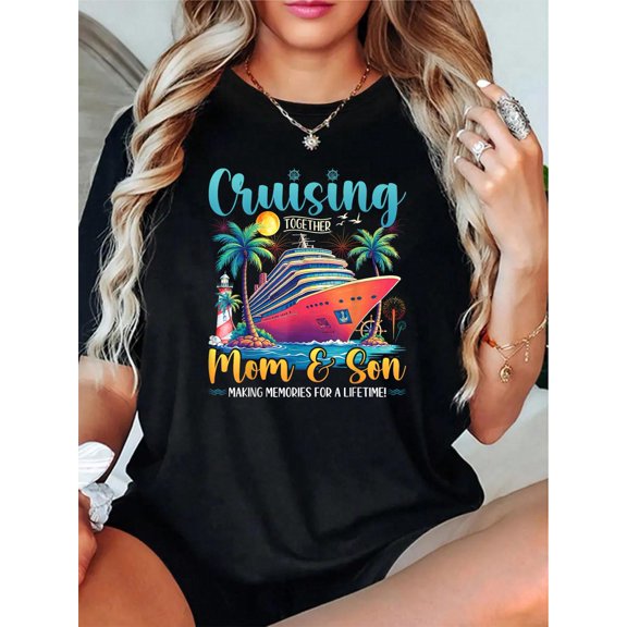 Cruising Together Mom And Son Matching Cruise T-Shirt - 100% Cotton T Shirts for Women, Summer Tops Clothes,Suitable For All Seasons