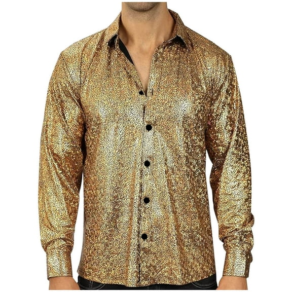 Men Dress Shirt Sequins Long Sleeve Button Down Shirt Disco Party Nightclub Prom Costume