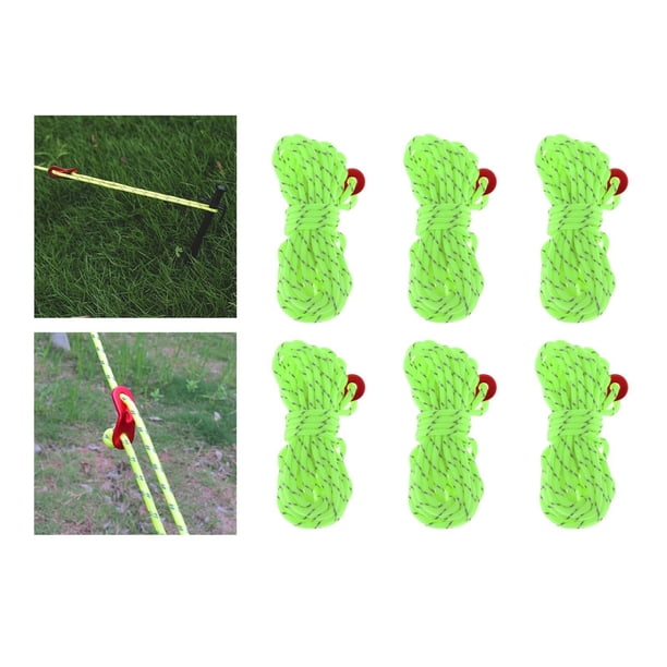 Cuerda de camping de nailon reflectante Guyline con accesorio de tensor de cordón de aluminio verde fluorescente Cola Cuerda de tienda reflectante