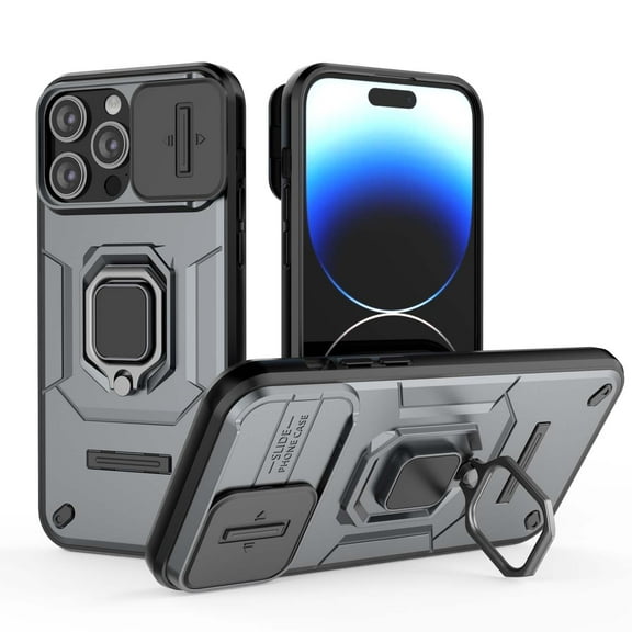 Compatible with iPhone 16 Pro Stand Case with Slide Camera Cover Military Grade Heavy Duty Rugged Anti-fall Shockproof Protection Built-in Ring Kickstand Hard Back Case Cover,Gray