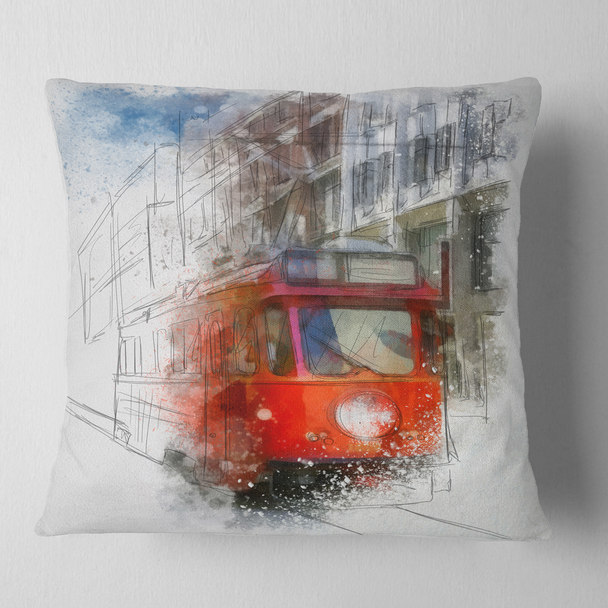 Designart Red Trolley Car Watercolor Sketch - Cityscape Throw Pillow - 16x16