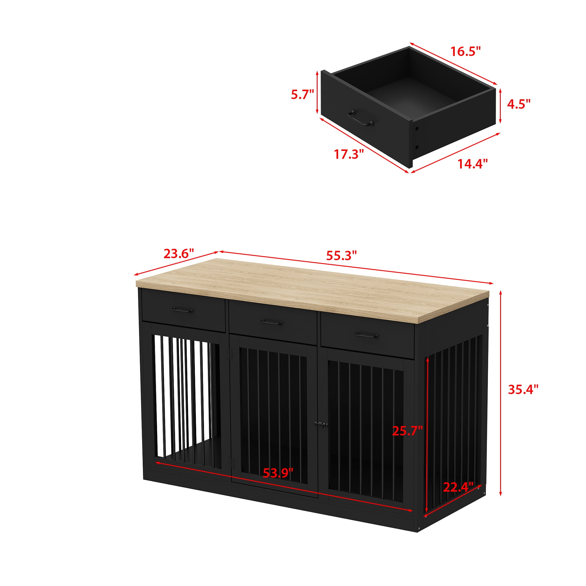 NARTRU 55.3" Dog Crate Kennel Cage Furniture with 3 Drawers for Small, Medium and Large Dog, Black
