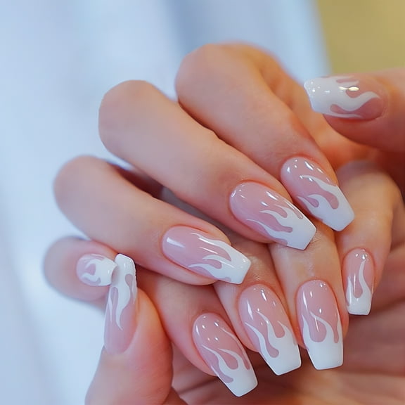RAGUPEL 24PCS Press on False Nails Flame Coffin Square Acrylic Fake Nails Fire Glue On Fingersnails for Women Girls DIY Manicure Salon