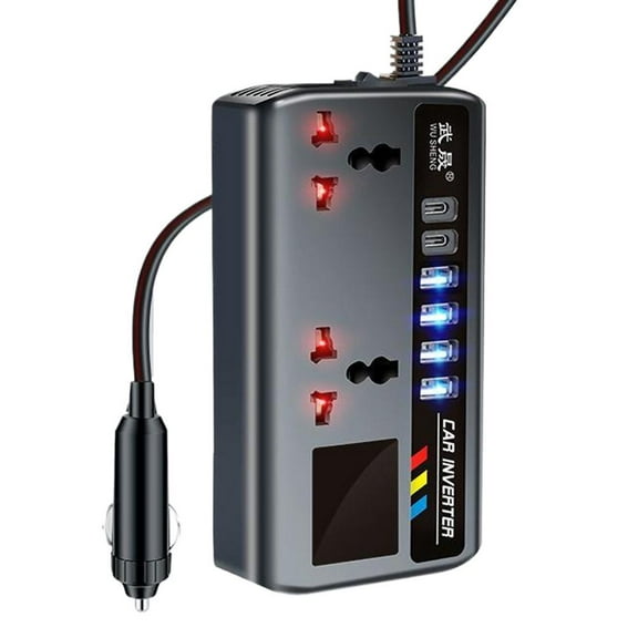 200W Smart Car Power Inverter with 9 Ports Dual AC Outlets USB and Type-C Fast Charging for Universal 12V/24V Vehicles
