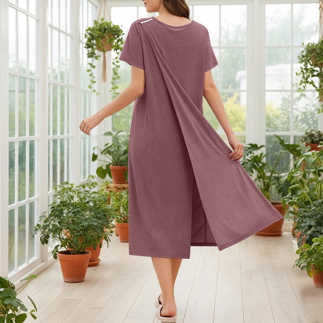 TaTaai Women's Round Neck Short Sleeve Solid Color Maxi Dress with Pockets Back Opening Design for Postoperative Recovery Daily Casual Gift