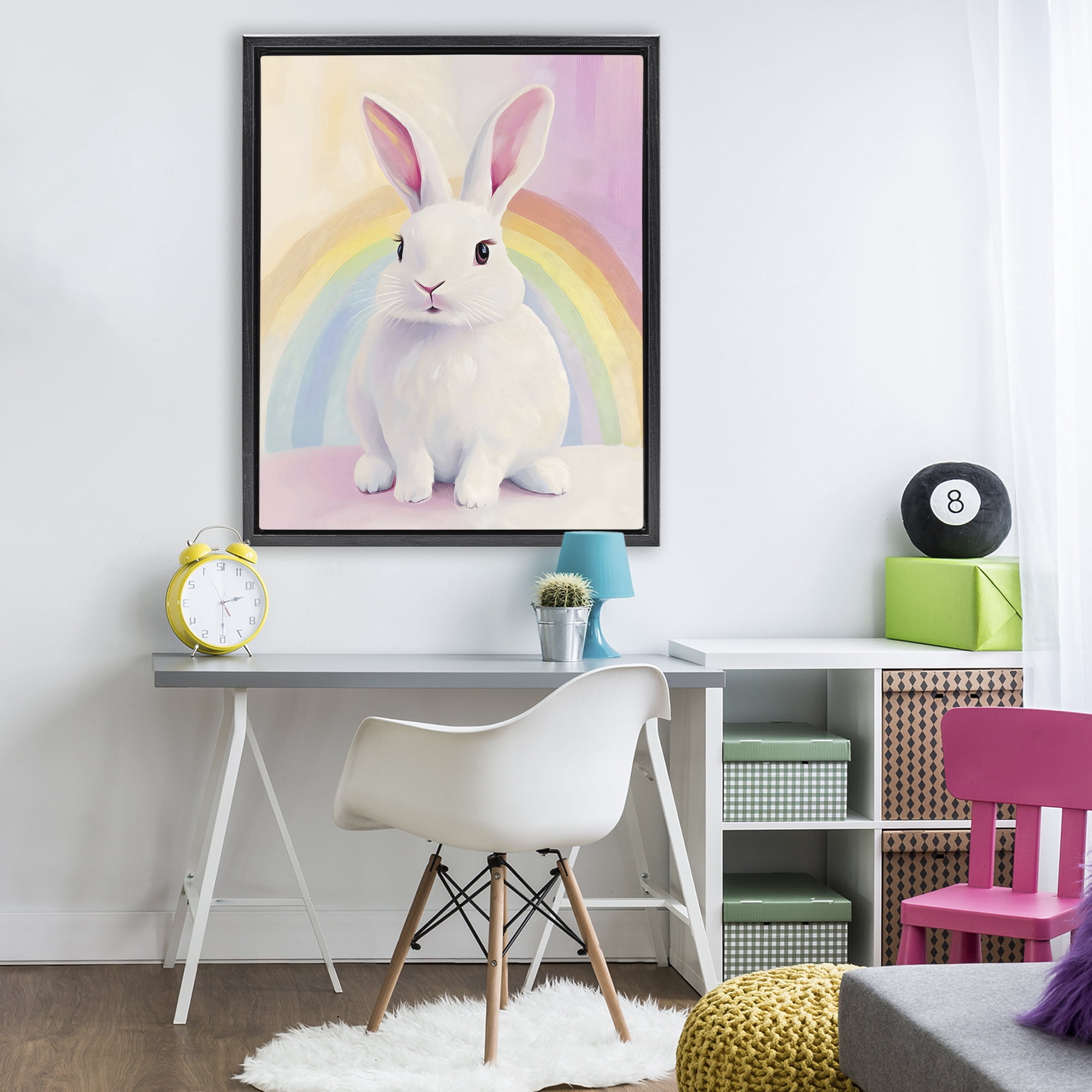 Stupell Industries Rainbow Bunny in Pastel Hues Black Framed Floater Canvas Wall Art, design by The Prints Vibe