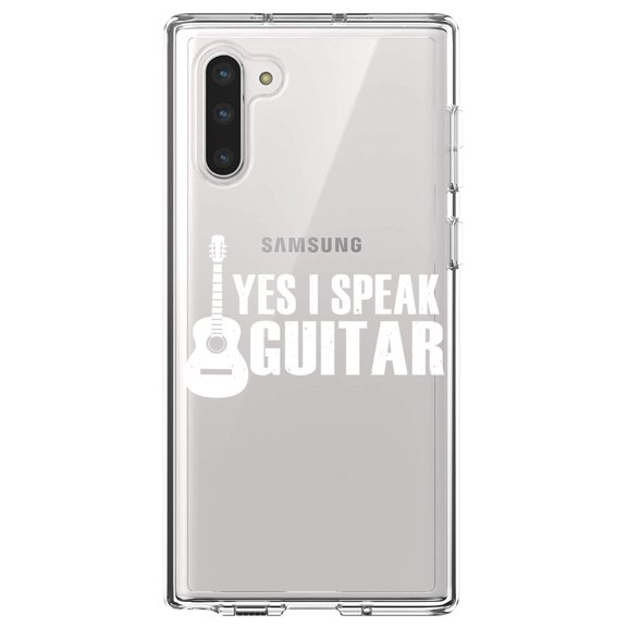 DistinctInk Clear Shockproof Hybrid Case for Samsung Galaxy Note 10 (6.3" Screen) - TPU Bumper Acrylic Back Tempered Glass Screen Protector - Yes I Speak Guitar