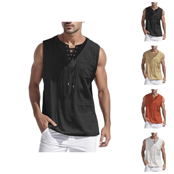 Tank Tops Men Summer Casual Cotton Linen Lightweight Breathable Lace Up Relaxed Fit Sleeveless Shirt Workout Tanks