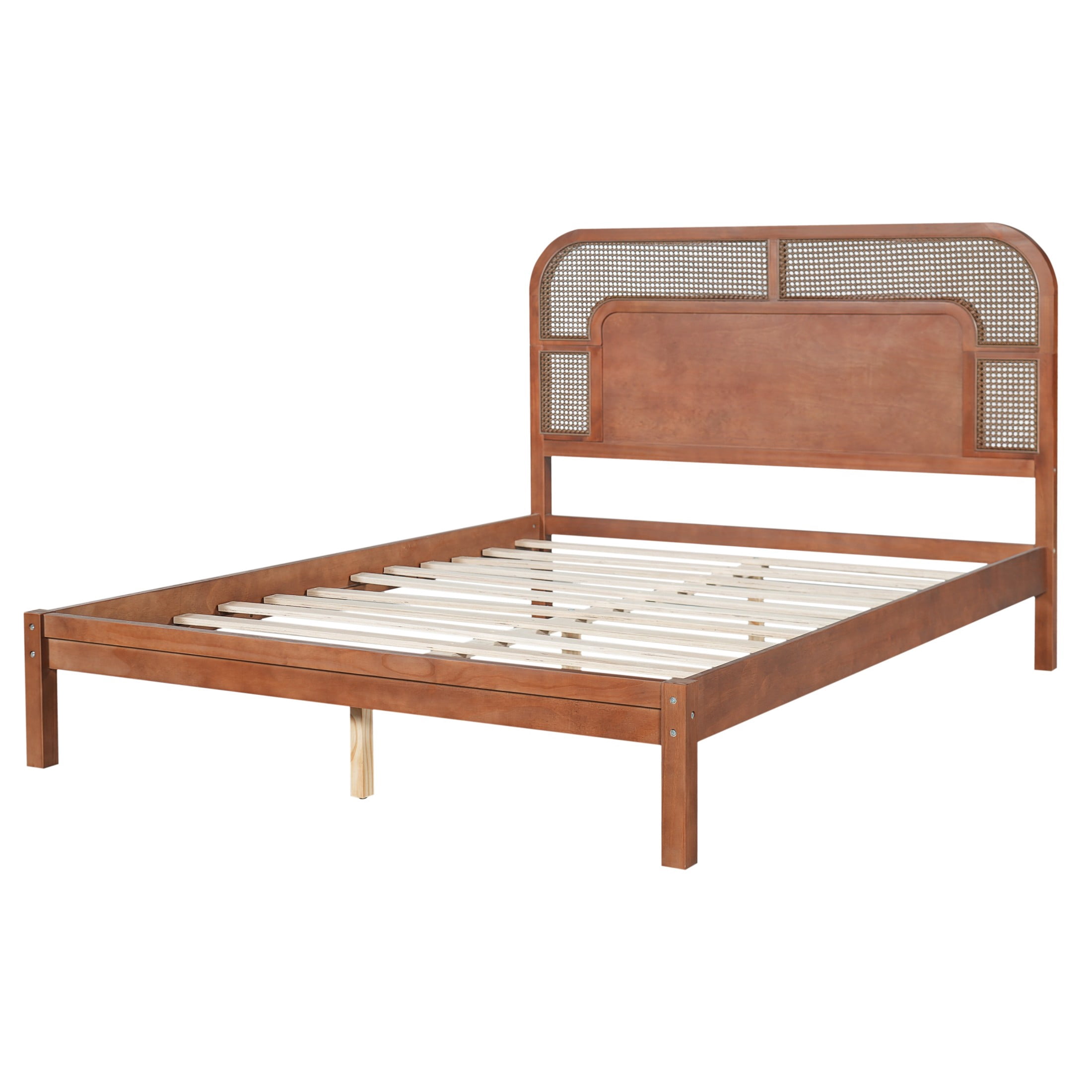 Christopher Knight Home Bohemian Queen Platform Bed with Rattan Headboard, Solid Wood Frame, Walnut