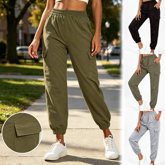 Elastic Waist Pants with Pockets, High Waisted Straight Leg Trousers, Solid Color Casual Work Slacks for Women, Office Business Casual Gifts | CSEONE,Army Green XL