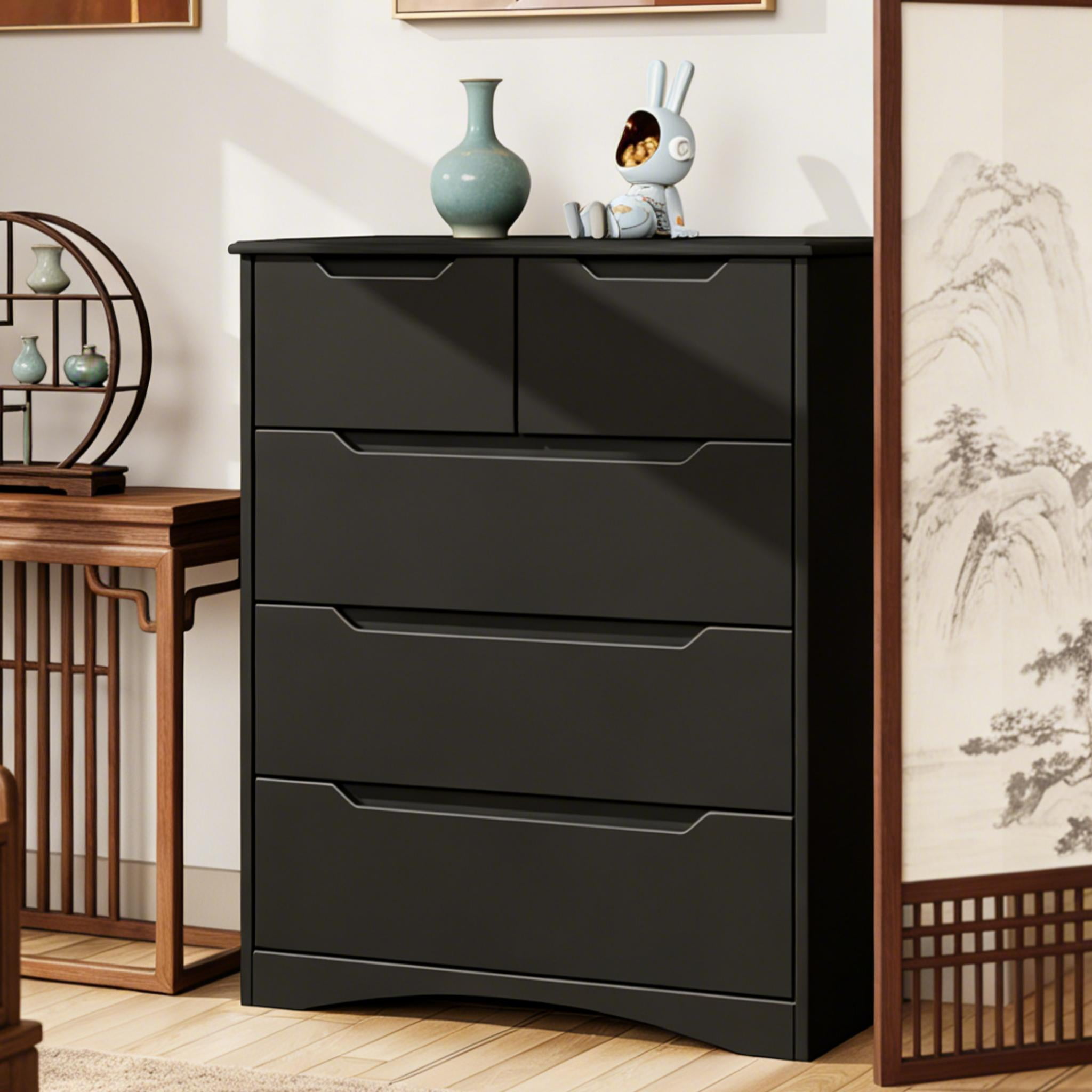 5 Drawers Dresser ,Wooden Storage Cabinet with Cutout Handles for Living Room|Hallway|Entryway|Guest Room,Black