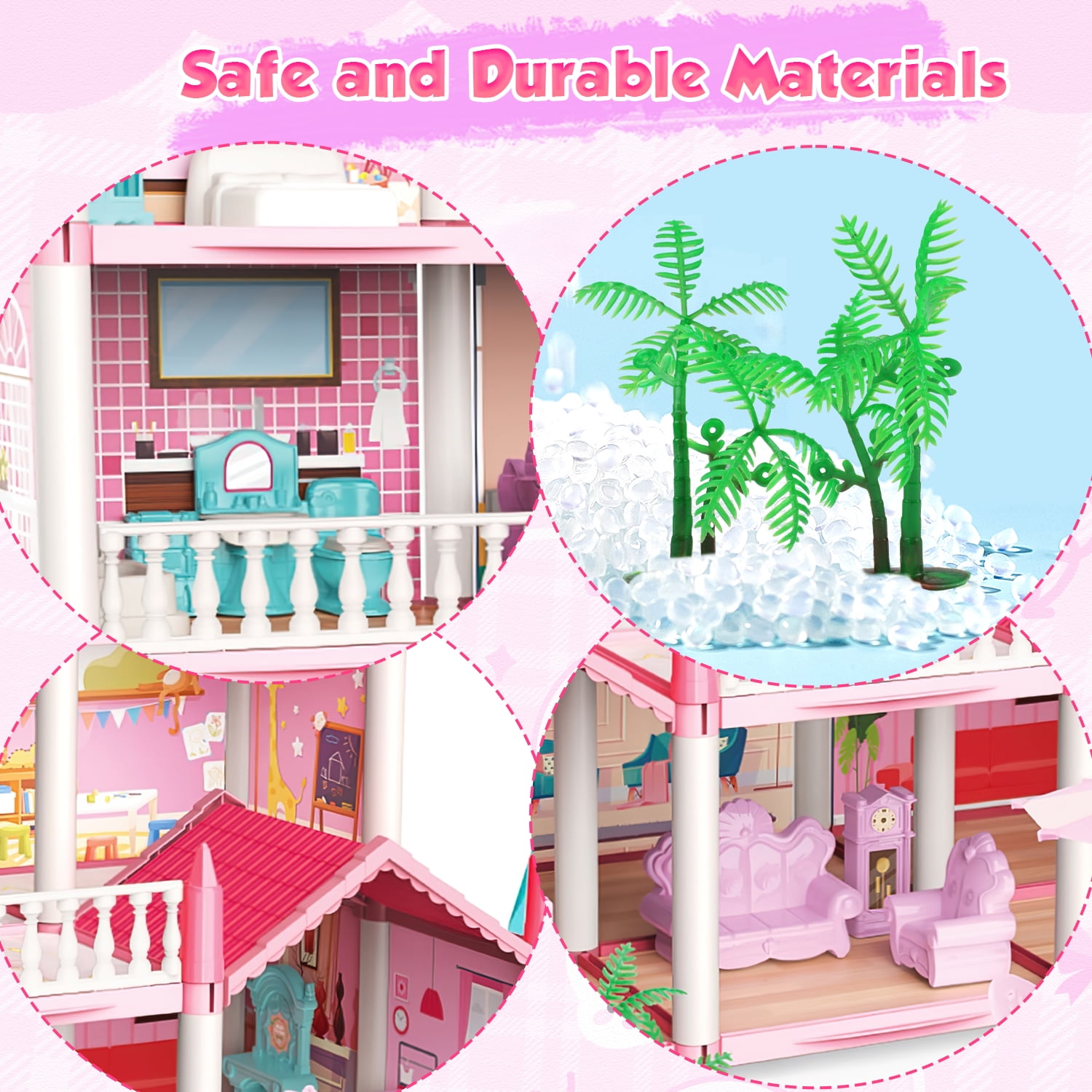 Freecat Doll House Kit Girls Toy, 11 Rooms DIY Pretend Play Dollhouse Playset Toys with Accessories and Furniture, Princess House, Birthday Gifts for 6-12 Year Old Girls (Pink)