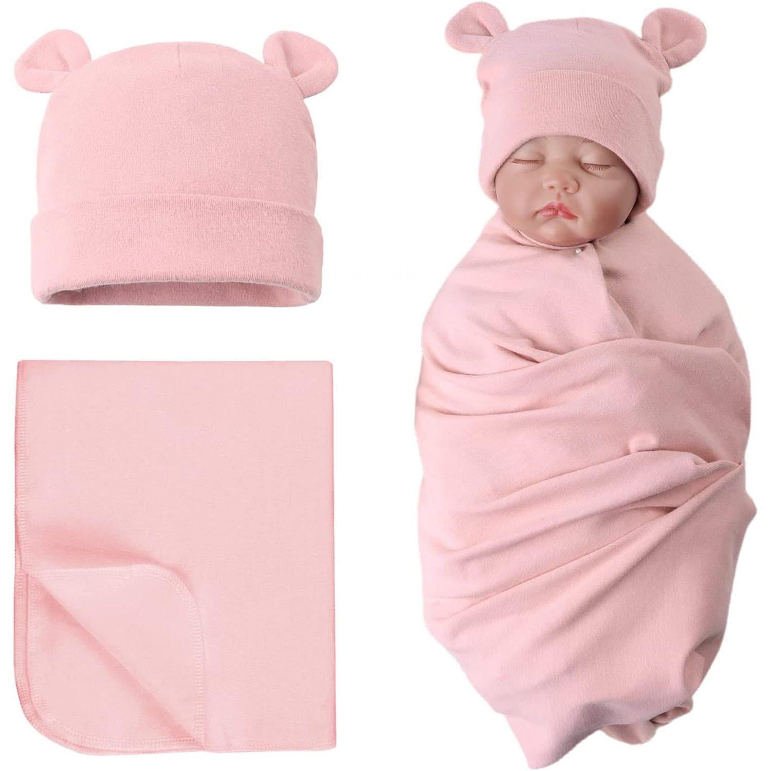 Cotton Baby Swaddle Blanket with Hat Set, Soft Warm Cozy Fleece Blanket