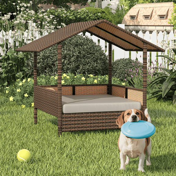 BOSSIN Wicker Dog House with Removable Cushion for Small/Medium Dogs,Outdoor Indoor dog bed with Canopy for Deck,Patio,Yard