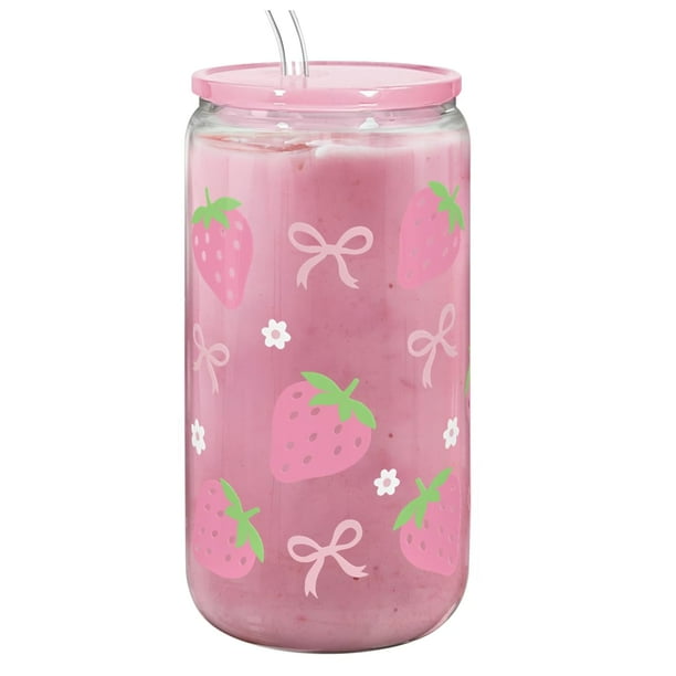 Vaso de vidrio SANDJEST Strawberry 470 ml con tapa y pajita