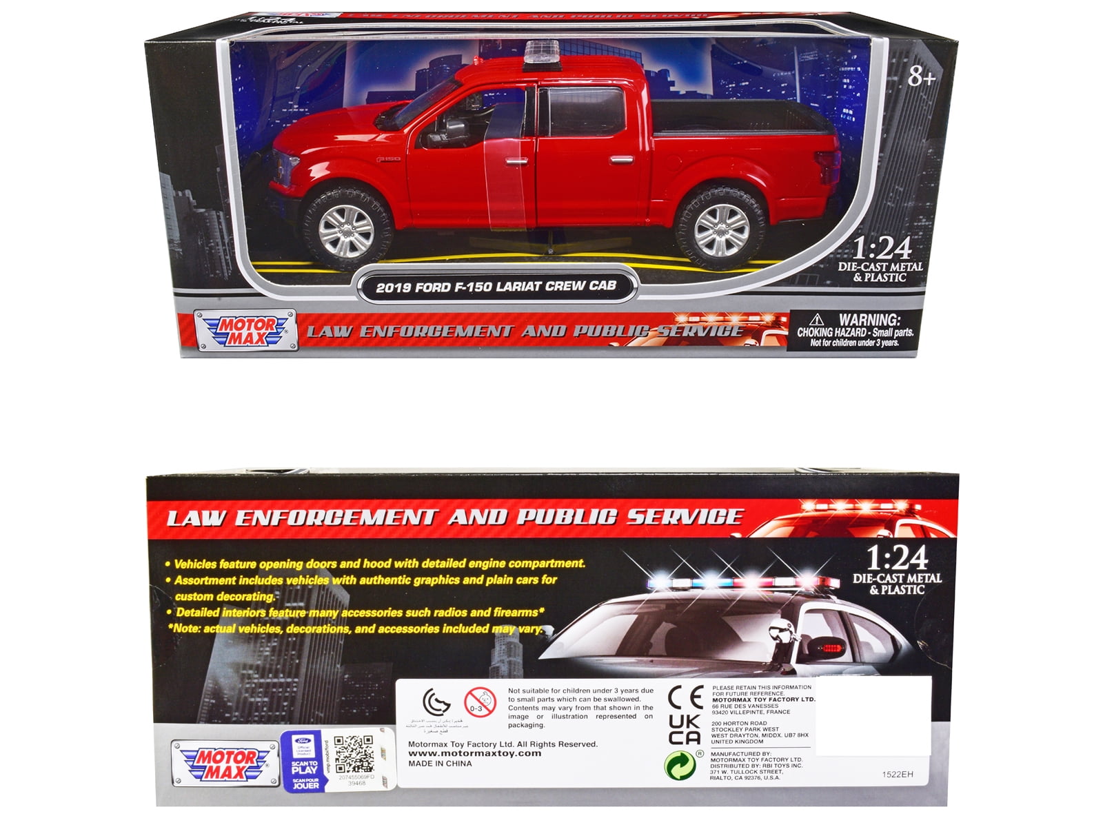 2019 Ford F-150 Lariat Crew Cab Pickup Truck Unmarked Fire Department Red 1/24 Diecast Model Car by Motormax