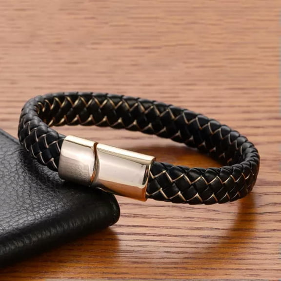 EOEMY Men Women Leather Titanium Steel Magnetic Braided Clasp Bracelet Bangle Jewelry-C