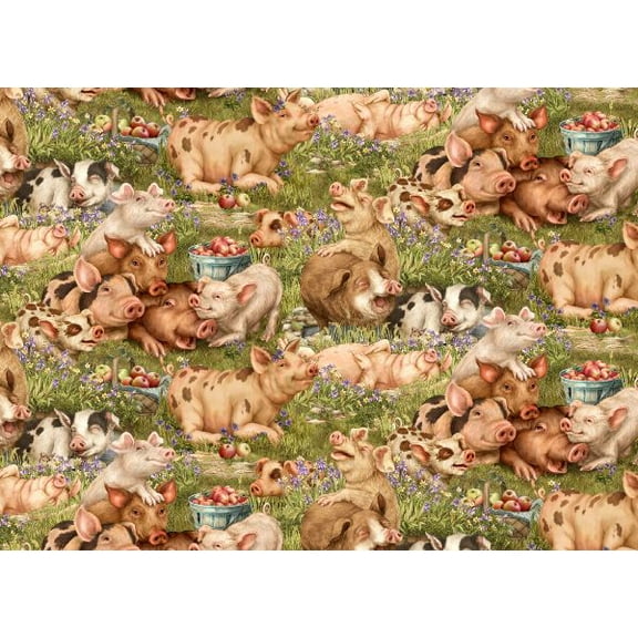 Think Happy Pigs Green Cotton Fabric