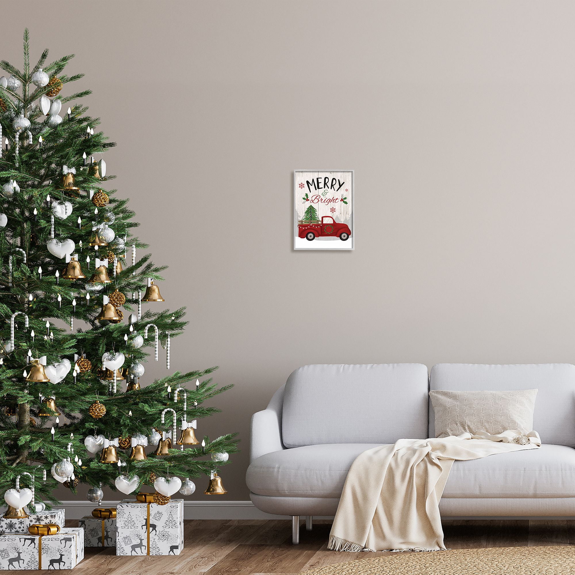 Stupell Indtries Merry & Bright Phrase Red Truck Holiday Forest,11 x 14,Design by Louise Allen Designs