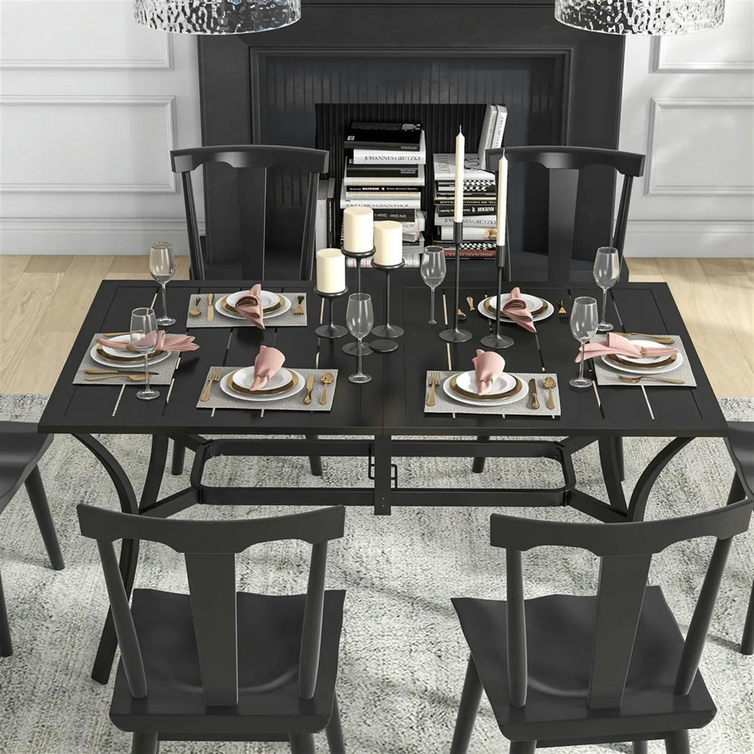 Demi Bonn 59" Outdoor Dining Tables, Steel Rectangular Patio Table for 4 to 6 People for Dining Room, Home Office, Garden, Black