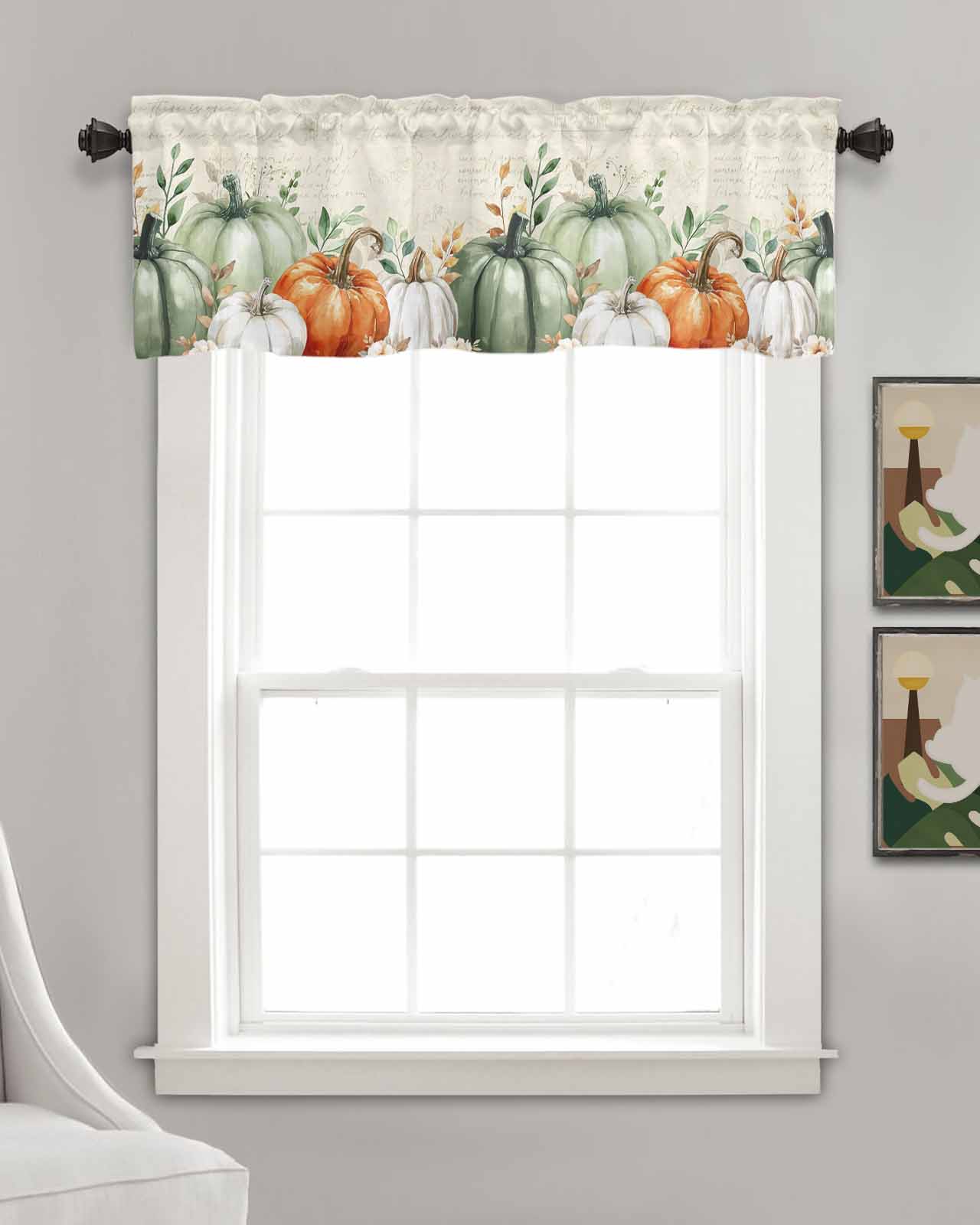 Sage Green Pumpkin Kitchen Valances for Windows Farmhouse Linen Window Valance Curtain for Living Room Window Treatment Thanksgiving Autumn Eucalyptus Valance Rod Pocket Topper Drape, 60 x 18 Inch