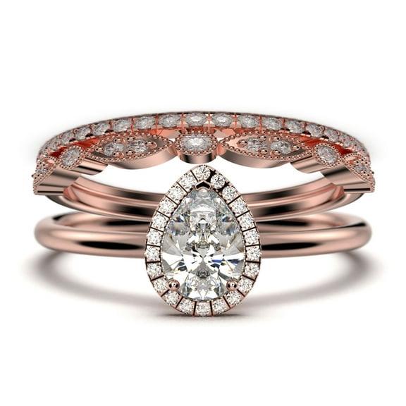 Beautiful Art Deco 2.25 Carat Pear Cut Affordable Diamond Moissanite Engagement Ring, Classic Wedding Ring, Two Matching Band in 10k Solid Rose Gold,Promise Ring, Anniversery Ring