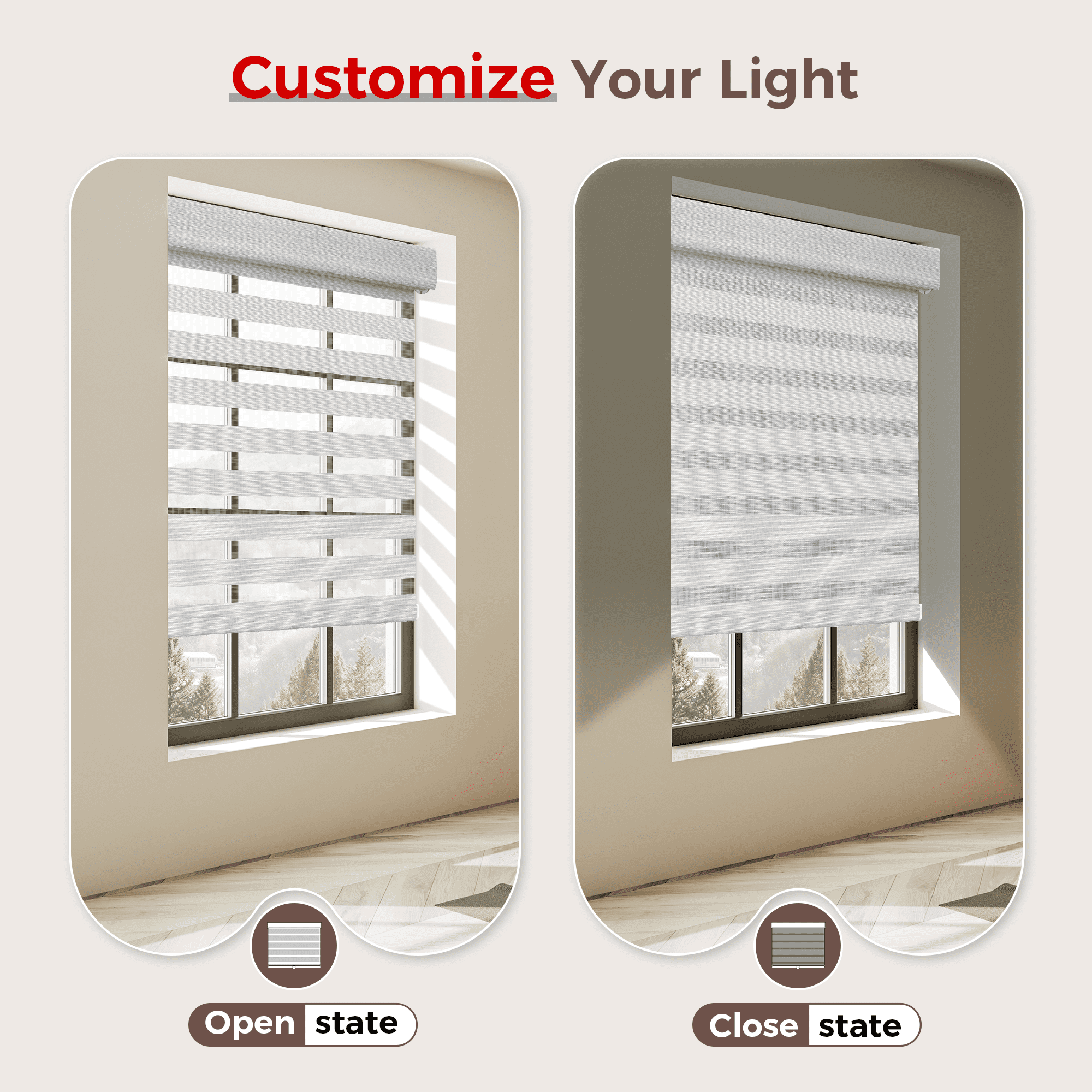 Allesin Zen No Drill No Tools Cordless Zebra Blinds, White, 34"Wx48"H