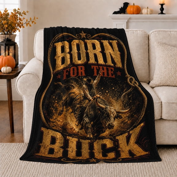 Rugged Cowboy Rides Bucking Bull Western, Festive Holiday Scene, Warm Flannel Blanket for Living Room and Reading Nook, Art Lovers Christmas Gift, Festive Home Decor