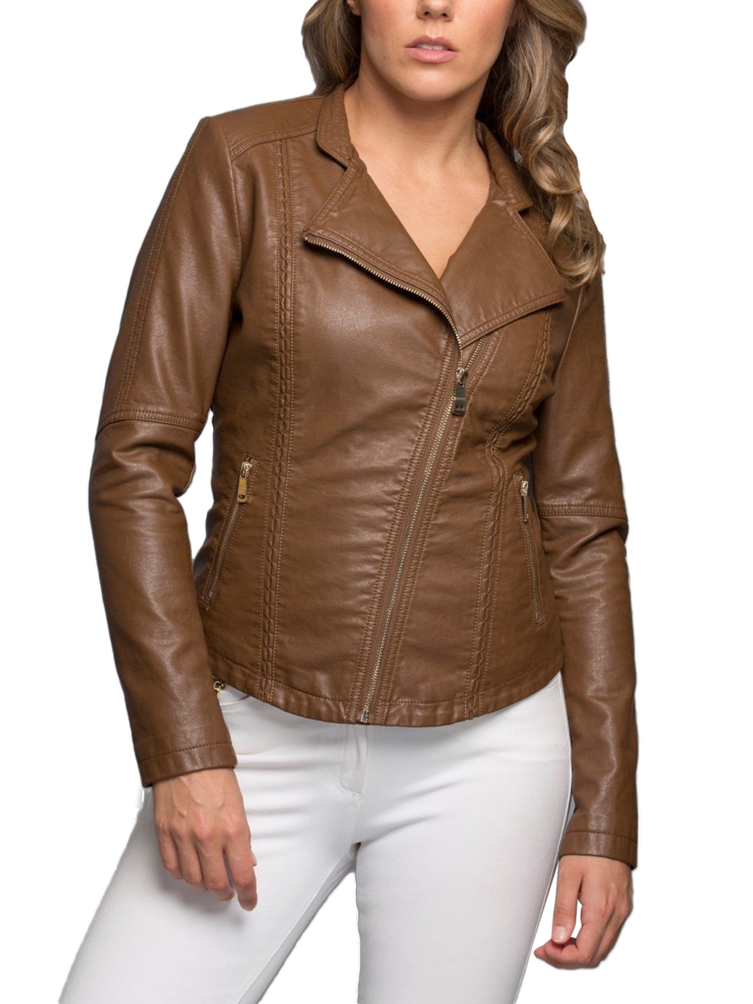 Kogmo Womens Double Ted Moto Zip Up Pu Faux Leather Jacket