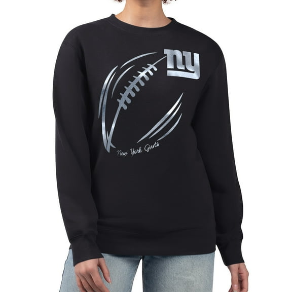 Women's G-III 4Her by Carl Banks Black New York Giants Metallic Print Football Sketch Fleece Crewneck Sweatshirt