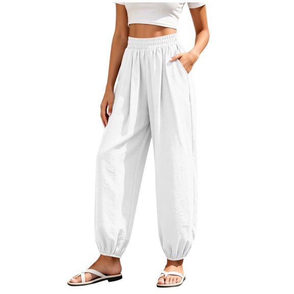 vdgthytj Jogger Pants for Women Elastic High Waist Pleated Lightweight Loose Casual Trousers with Pockets(X-Large,White)