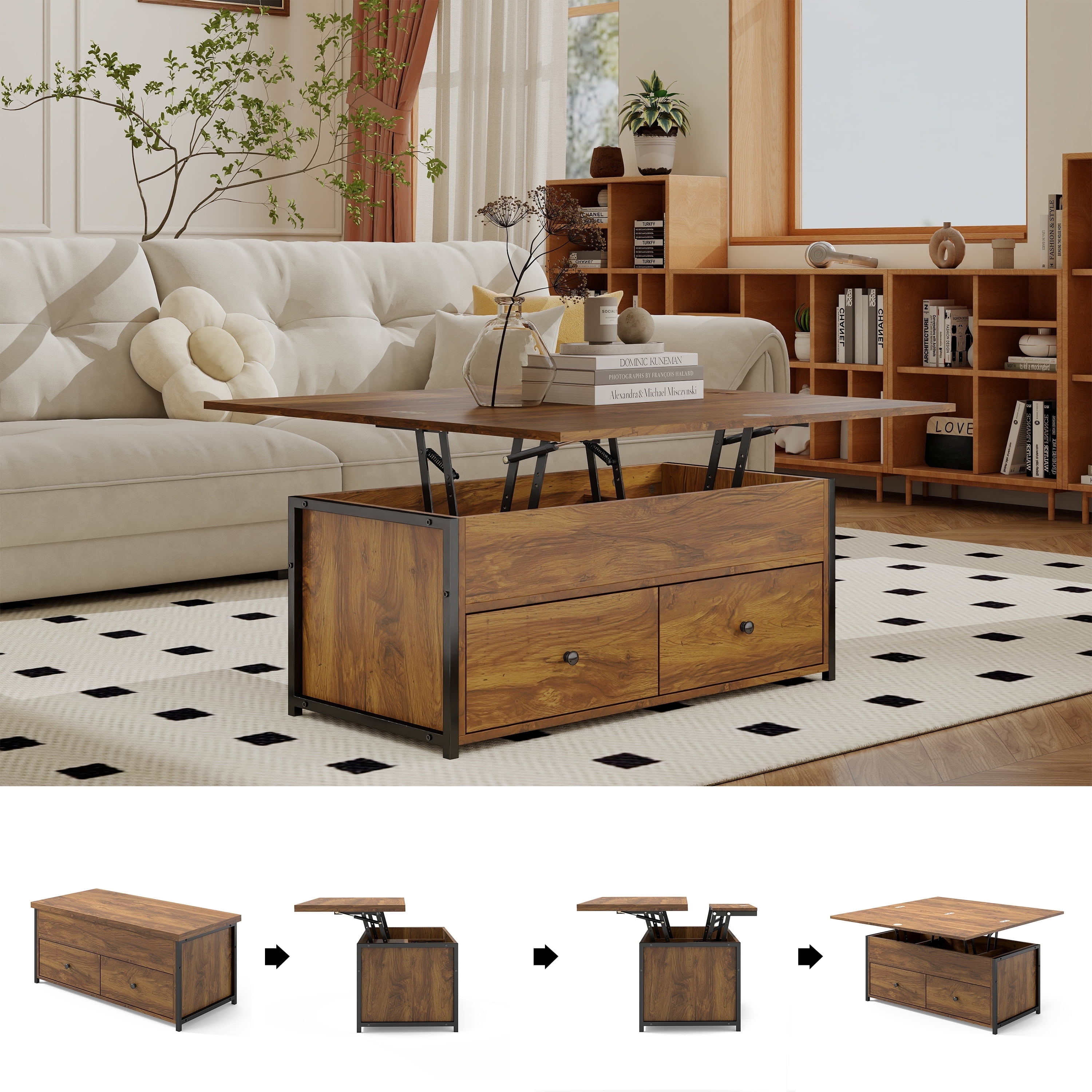 Manora Lift Top Farmhouse Storage Coffee Table with 2 Drawers, Brown