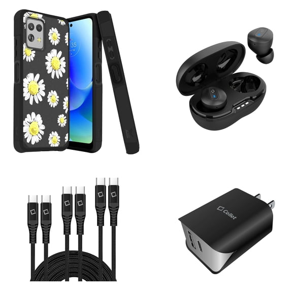 BD Combo Bundle Case for Moto G Power 5G 2023 Case - (Chamomile) Dual Shockproof Protector Armor Case with Wireless Earbuds, UL Certified Dual Wall Charger, 3-Pack of USB Cables (3ft, 6ft, 10ft)