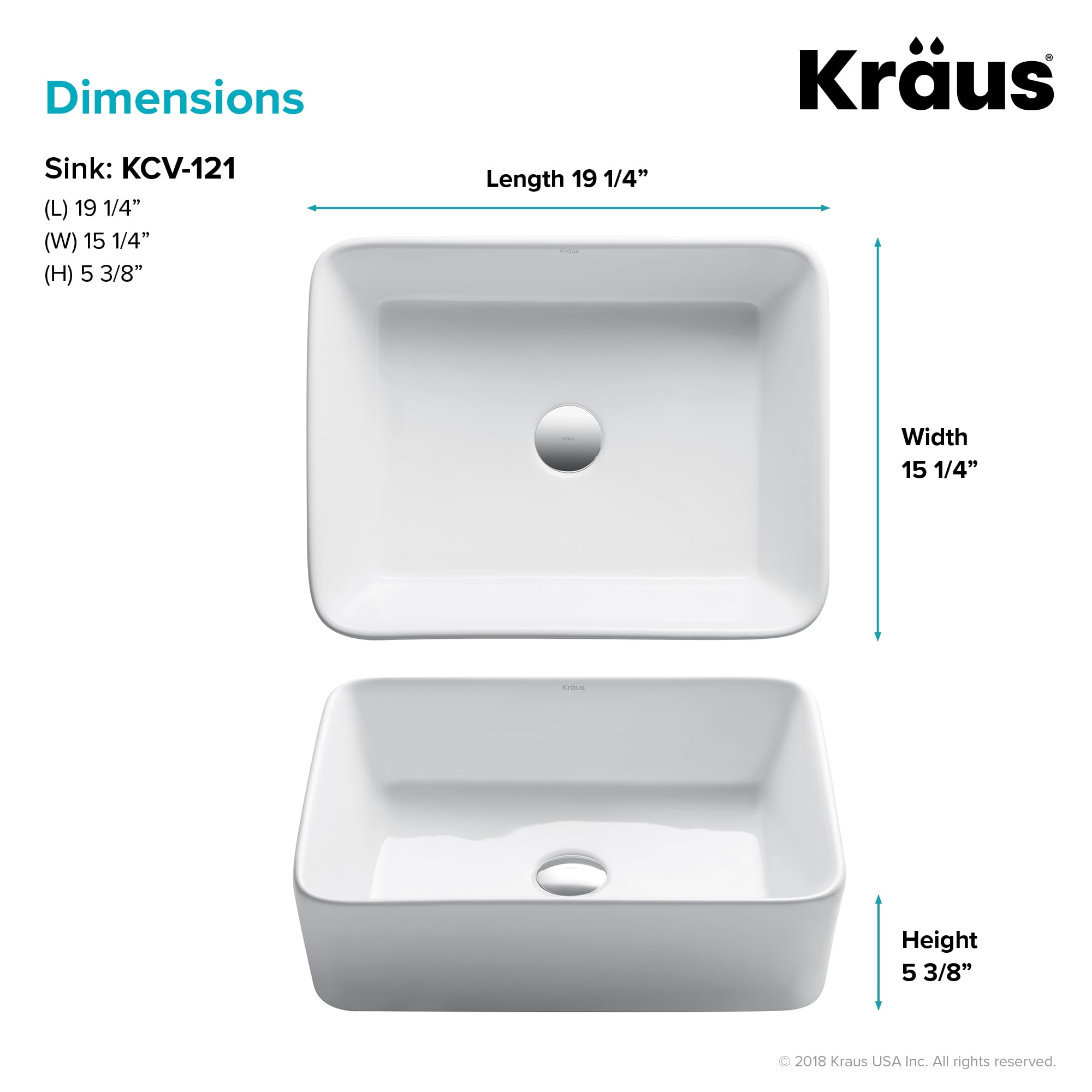 KRAUS Elavo Modern Rectangular Vessel White Porcelain Ceramic Bathroom Sink, 19 inch