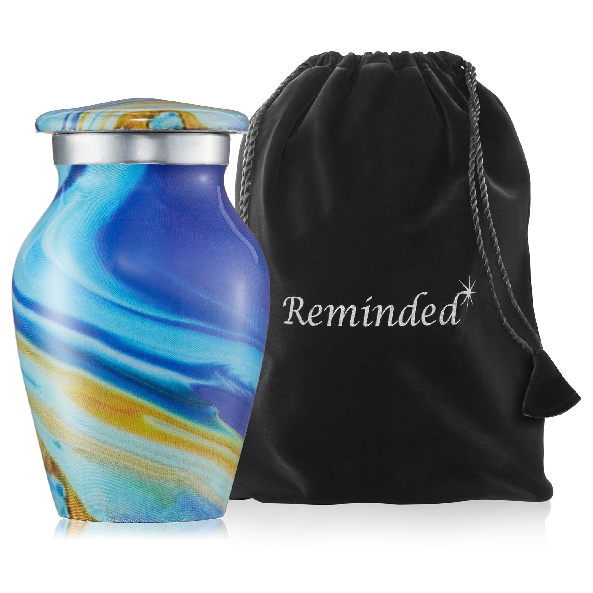 Reminded Small Keepsake Cremation Urns for Human Ashes, Set of 4 Blue Swirl Miniature Memorial Urns with Velvet Case and Bags