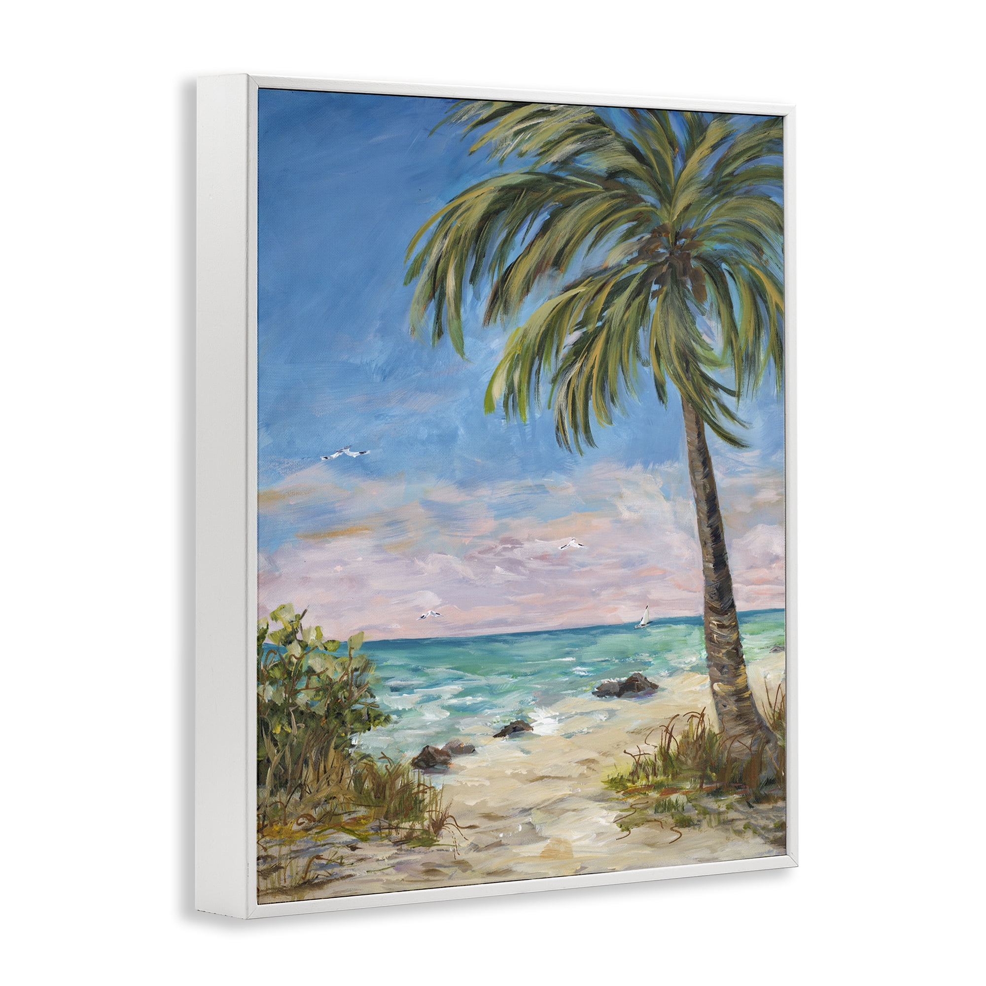 Stupell Industries By the Single Palm Coastal Painting White Framed Art Print Wall Art, 16 x 20