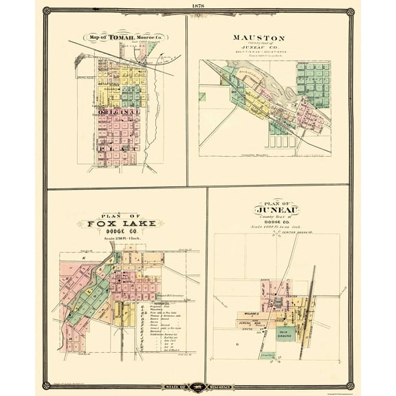 Historic City Map - Tomah Mauston Fox Lake Juneau Wisconsin - Snyder 1878 - Vintage Wall Art
