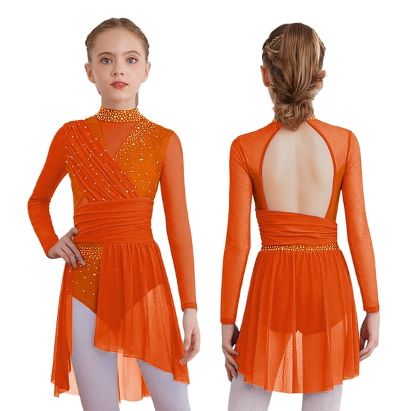 Doomiva Cutout Fringed Dress for Girls Latin Dance Cos tume Modern Jazz Dancing Clothes Gymnastic Tutu Skirt Orange 6