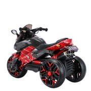 12V Kids Ride On Motorcycle Electric Battery Powered 3-Wheel Motorcycle for Kids, twist-grip throttle, Music & Wireless Connection, Luminous Wheels, PU Seat,Special spider web color, 66LB Capacity
