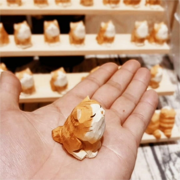 Small Carved Wooden Orange Cat Figurines, Handmade Orange Cat Sculpture Craft Set, 1.4" Cute Orange Cat Statues Home Decor Art Carving Work
