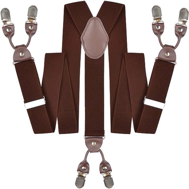 Juego de correas para hombre color café con correa pesada de cuero en forma de Y en la parte posterior, con 6 clips metálicos