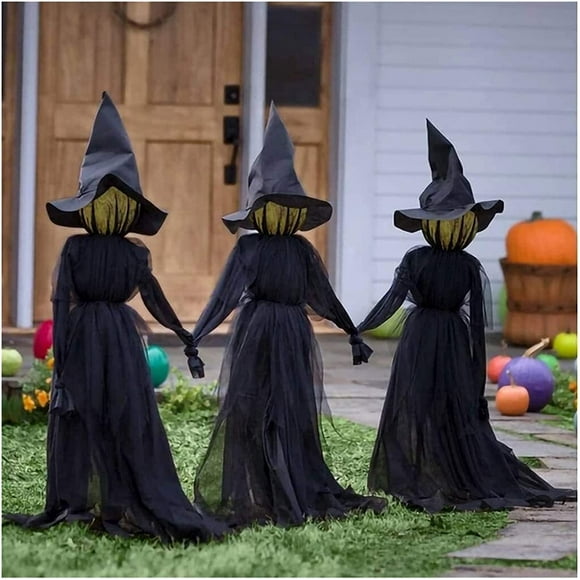 Halloween Decor Farmhouse Witch Glowing Head Life Size-Halloween Visiting Luminous Witches With Stakes Outdoor Halloween Decorations-Light-Up Witches Voice Control For Halloween Indoor And Outdoor DéC