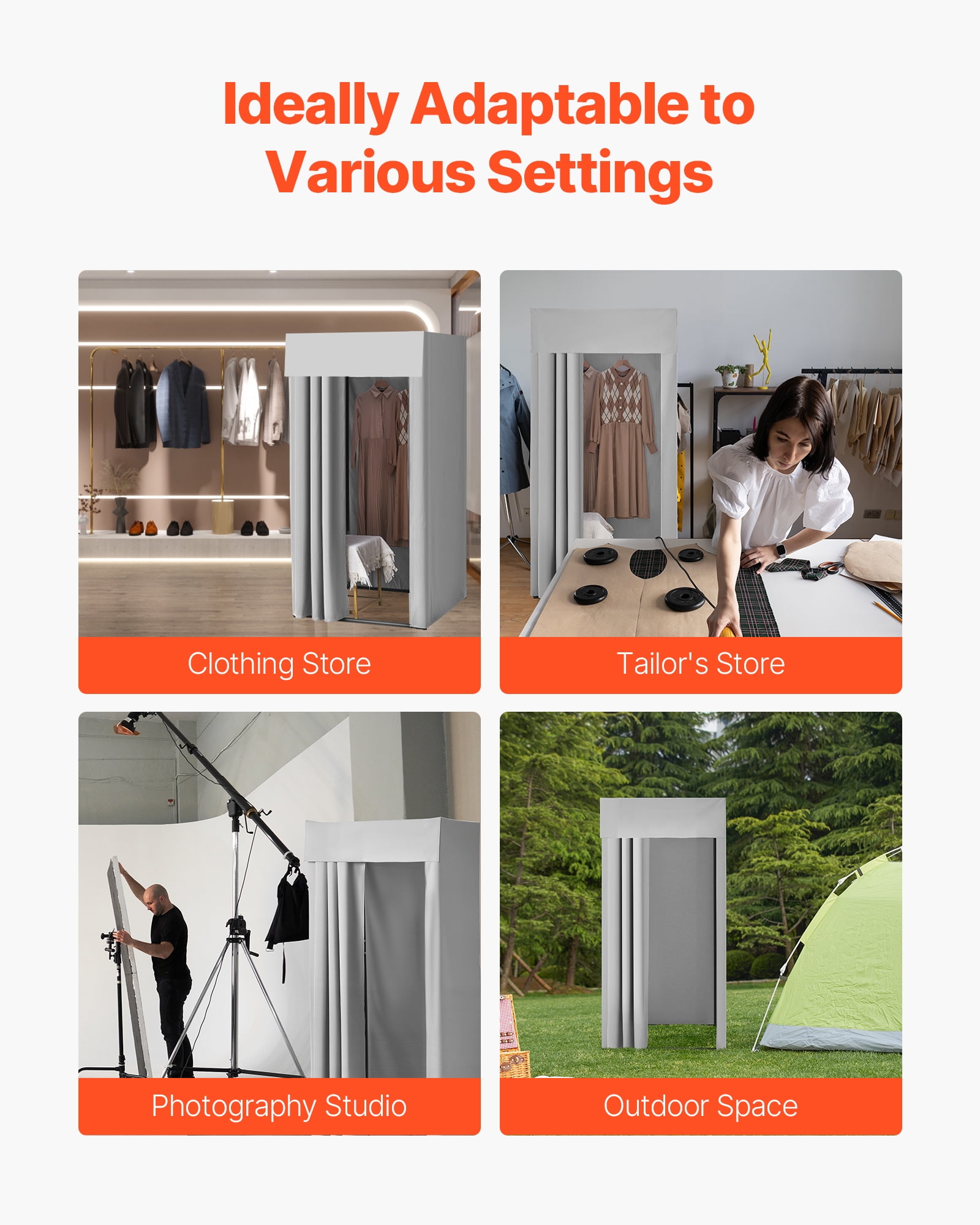 VEVOR Fitting Room, Dressing Room with Thick Polyester Curtains, Privacy Space with Shading Curtain and a Hook, for Boutique, Mall, Tailor's Store & Outdoor 39 x 39 x 78 in (Black and Gray-White)