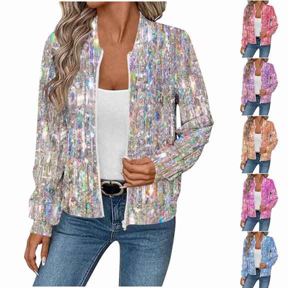 Women's Zip Up Bomber Jacket Fall Winter Fashion Casual Sequin Printed Long Sleeve Zipper Lightweight Jacket Trendy Work Clothes with Pockets