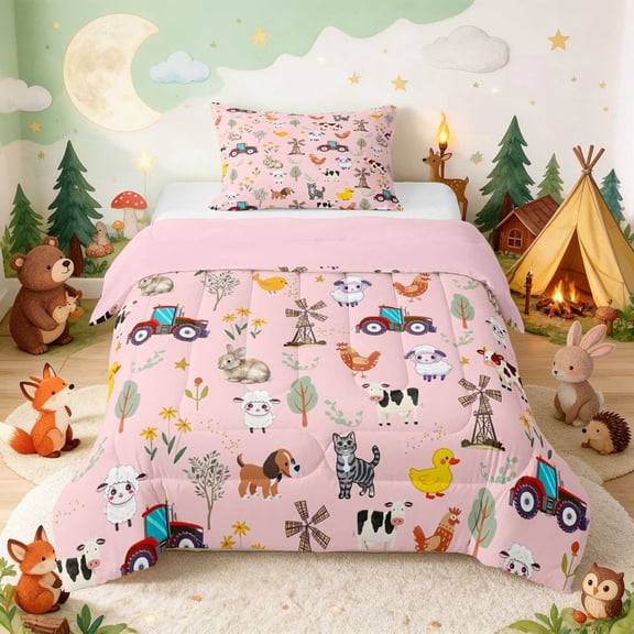 Erosebridal Farm Animals Twin Comforter Sets for Girls, Tractor Bedding Set, Pink Reversible 2-Piece 1 Comforter and 1 Pillowcase