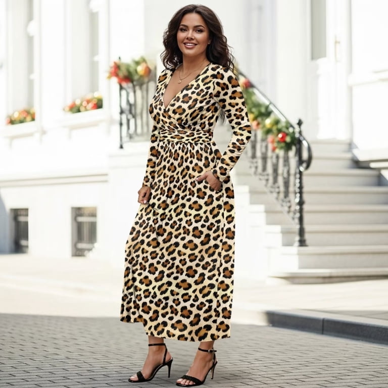 flowy cheetah print dress Anna-Kaci Sleeveless V Neck Maxi Dress with Leopard Print Elastic Waist Flowy A Line Long Dress, Plus-3X-18W-20W / Brown