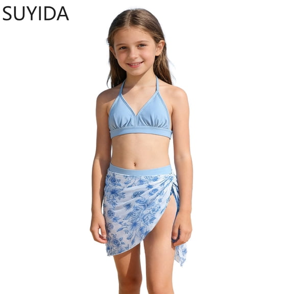 Girls Swimsuits Size 14-16 Cute Ruffle Bikini Top Drawstring Bottoms Tankini 3 Piece Tropical Printed Bathing Suit for Girls