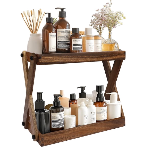 XIMEI Wood Countertop Shelf Organizer, 2-Tier Wooden Shelf for Coffee Bar Accessories, Kitchen Spice Rack, Condiment Storage Caddy for Home/Office/Bathroom Counter
