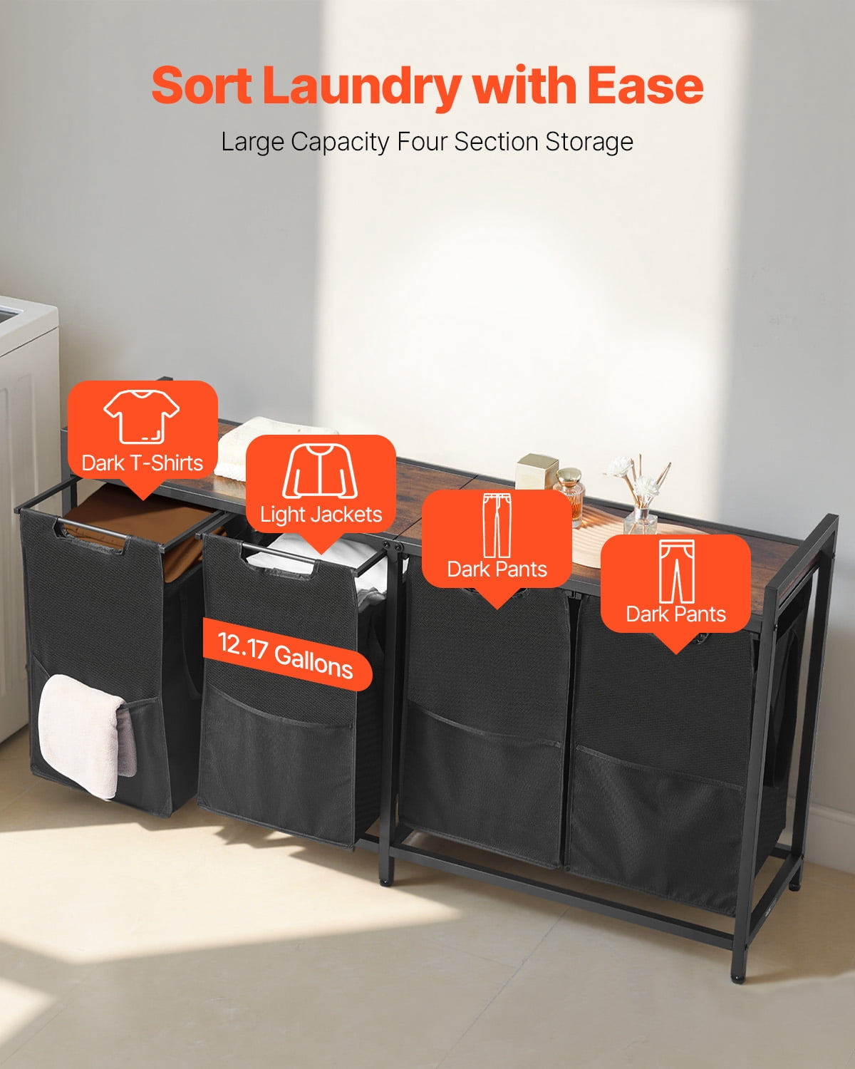 VEVOR 4 Section Laundry Sorter, Large Laundry Hamper with Metal Frame and Wooden Tabletop, Freestanding Storage Organizer Baskets with Pull-Out 600D Oxford Cloth Bags for Dirty Clothes, Bathroom