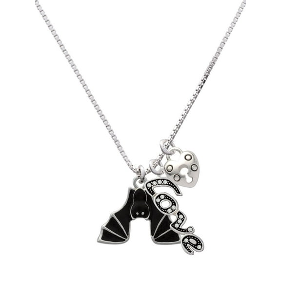 Delight Jewelry Silvertone Hanging Bat - Love and Lock Charm Necklace, 18" 1"